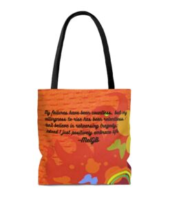 A bag with an image of a rainbow and the words 