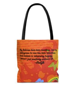 A bag with an orange background and a quote.