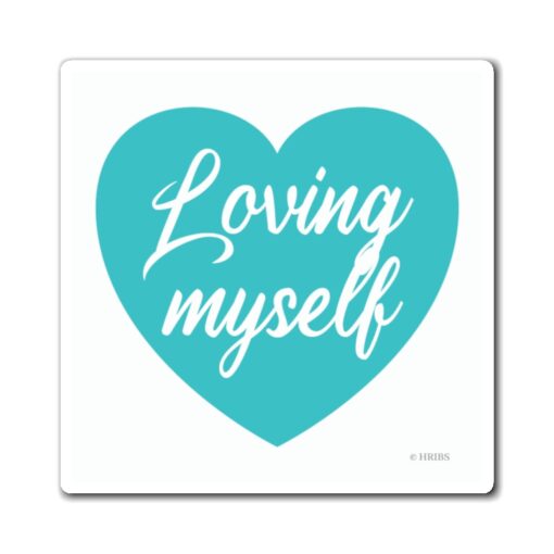 A blue heart with the words " loving myself ".