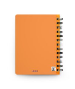 A notebook with orange cover and black spiral.