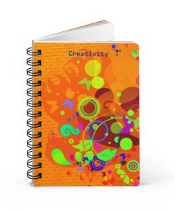 A spiral notebook with an orange cover and colorful designs.