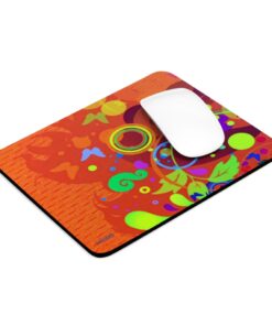 A mouse pad with an orange background and colorful designs.