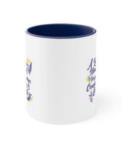 A blue and white mug with the words " all you need is love ".